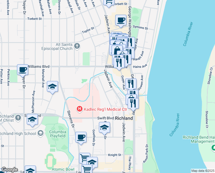map of restaurants, bars, coffee shops, grocery stores, and more near 1181 Jadwin Avenue in Richland