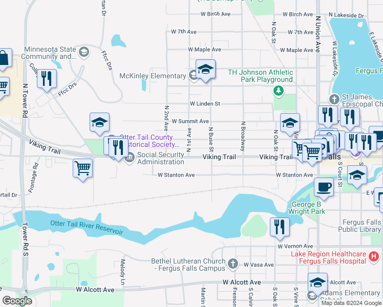 map of restaurants, bars, coffee shops, grocery stores, and more near 730 West Lincoln Avenue in Fergus Falls