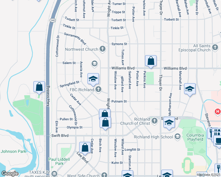 map of restaurants, bars, coffee shops, grocery stores, and more near 1201 Wright Avenue in Richland