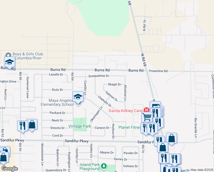 map of restaurants, bars, coffee shops, grocery stores, and more near 7918 Skagit Drive in Pasco