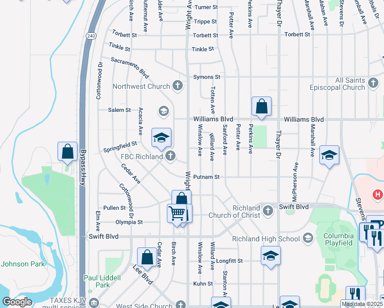 map of restaurants, bars, coffee shops, grocery stores, and more near 1201 Wright Avenue in Richland