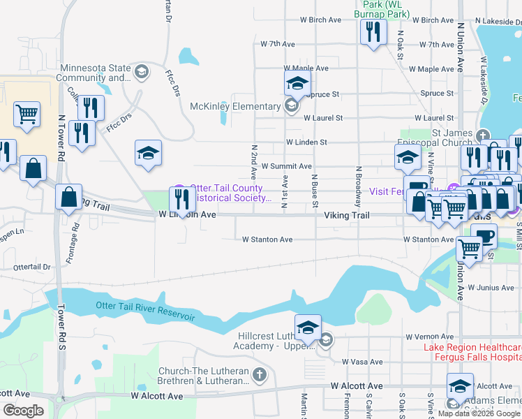 map of restaurants, bars, coffee shops, grocery stores, and more near 828 West Lincoln Avenue in Fergus Falls
