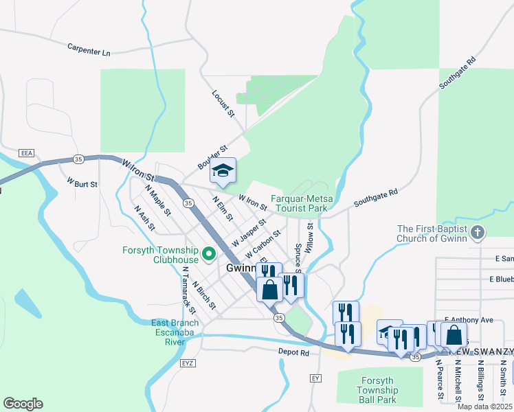 map of restaurants, bars, coffee shops, grocery stores, and more near 220 West Iron Street in Gwinn