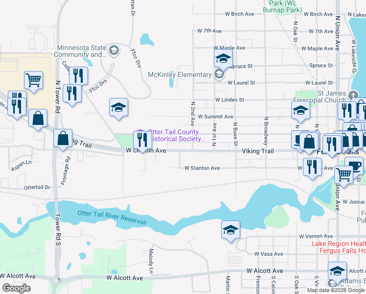 map of restaurants, bars, coffee shops, grocery stores, and more near 910 West Lincoln Avenue in Fergus Falls