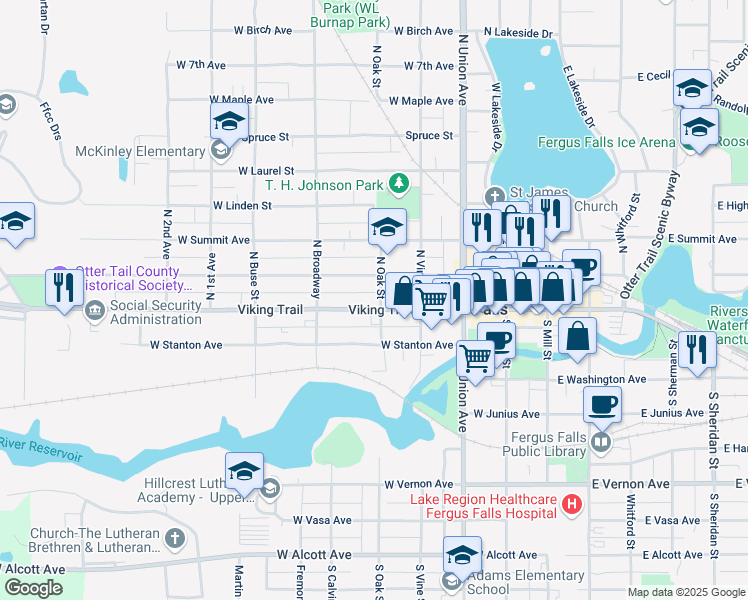 map of restaurants, bars, coffee shops, grocery stores, and more near 506 West Lincoln Avenue in Fergus Falls