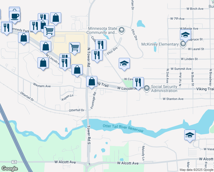map of restaurants, bars, coffee shops, grocery stores, and more near 1403 West Lincoln Avenue in Fergus Falls