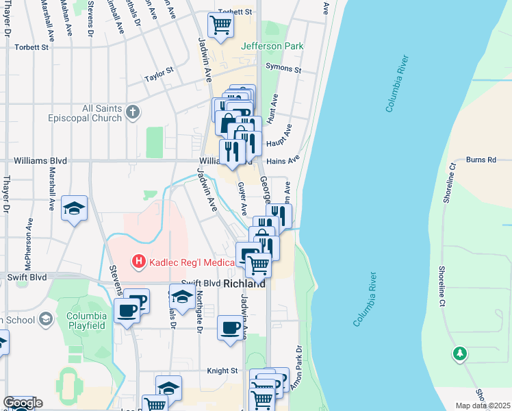 map of restaurants, bars, coffee shops, grocery stores, and more near 1207 George Washington Way in Richland