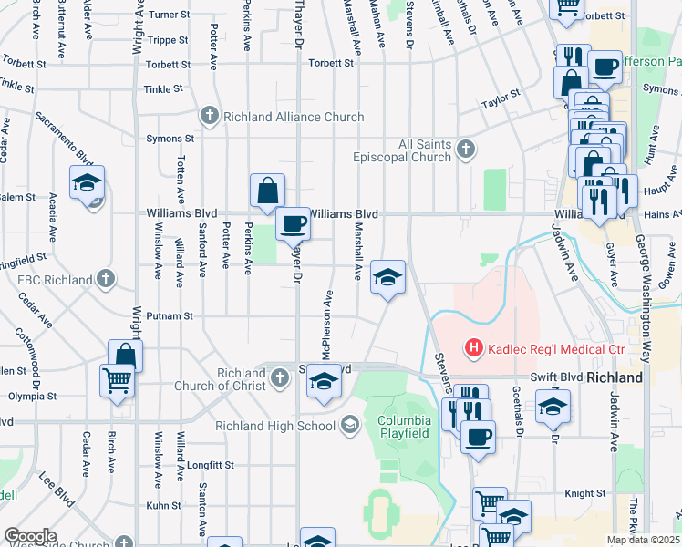 map of restaurants, bars, coffee shops, grocery stores, and more near 1203 Roberdeau Street in Richland