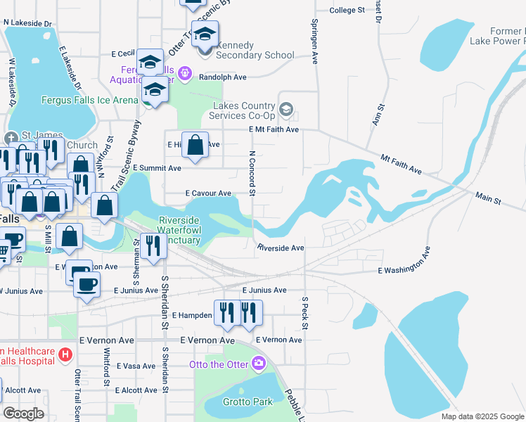 map of restaurants, bars, coffee shops, grocery stores, and more near 904 East Cavour Avenue in Fergus Falls
