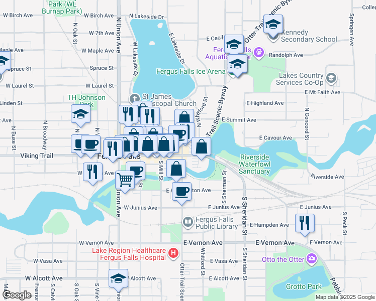 map of restaurants, bars, coffee shops, grocery stores, and more near 108 North Cascade Street in Fergus Falls