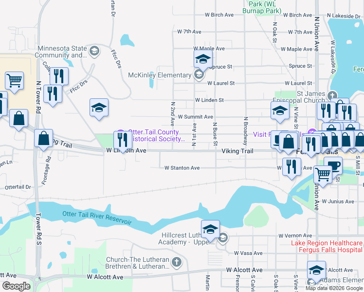 map of restaurants, bars, coffee shops, grocery stores, and more near 828 West Lincoln Avenue in Fergus Falls