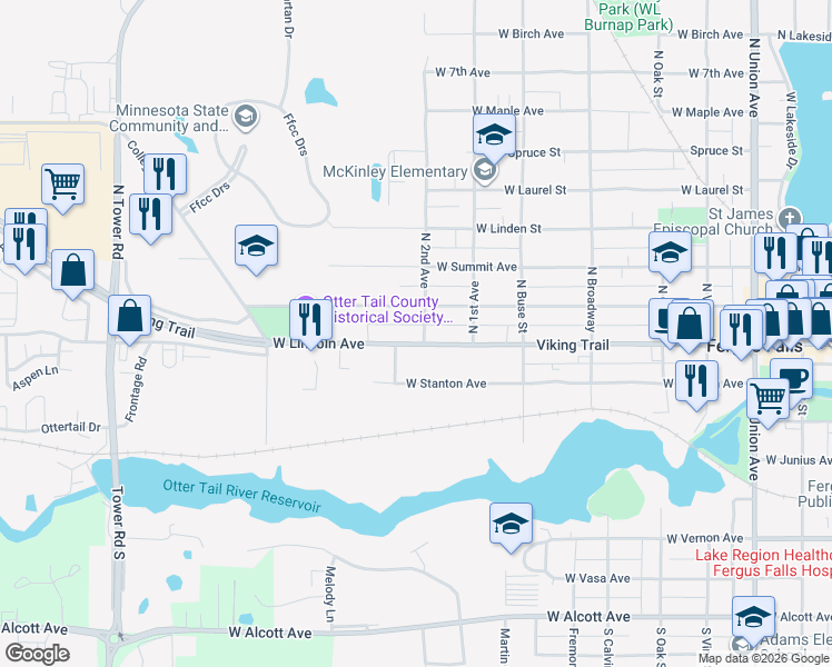 map of restaurants, bars, coffee shops, grocery stores, and more near 910 West Lincoln Avenue in Fergus Falls