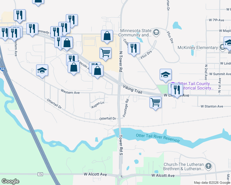 map of restaurants, bars, coffee shops, grocery stores, and more near 128 South Tower Road in Fergus Falls