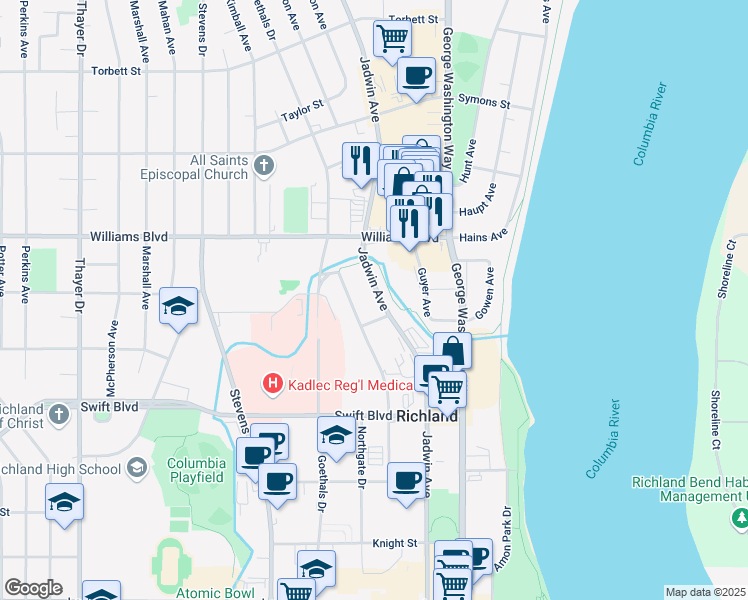 map of restaurants, bars, coffee shops, grocery stores, and more near 1181 Jadwin Avenue in Richland