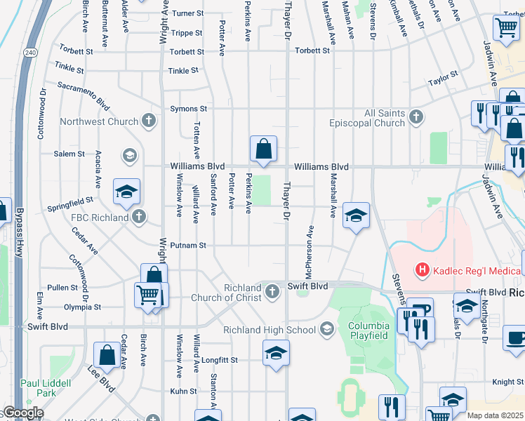 map of restaurants, bars, coffee shops, grocery stores, and more near 1507 Roberdeau Street in Richland