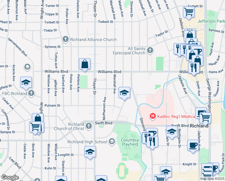 map of restaurants, bars, coffee shops, grocery stores, and more near 1203 Roberdeau Street in Richland