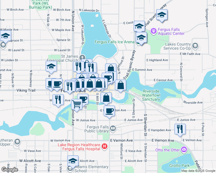 map of restaurants, bars, coffee shops, grocery stores, and more near 108 North Cascade Street in Fergus Falls