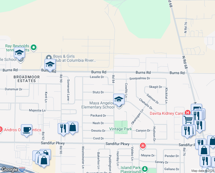 map of restaurants, bars, coffee shops, grocery stores, and more near 8402 Tucker Court in Pasco