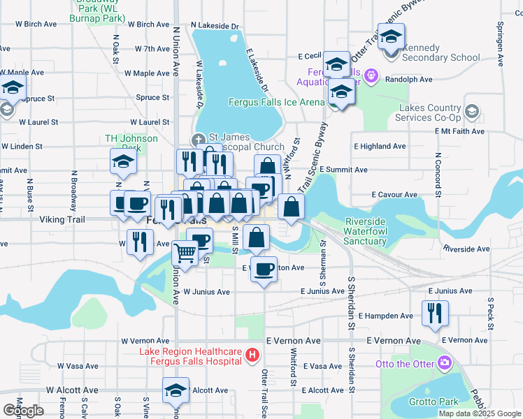 map of restaurants, bars, coffee shops, grocery stores, and more near 108 North Cascade Street in Fergus Falls