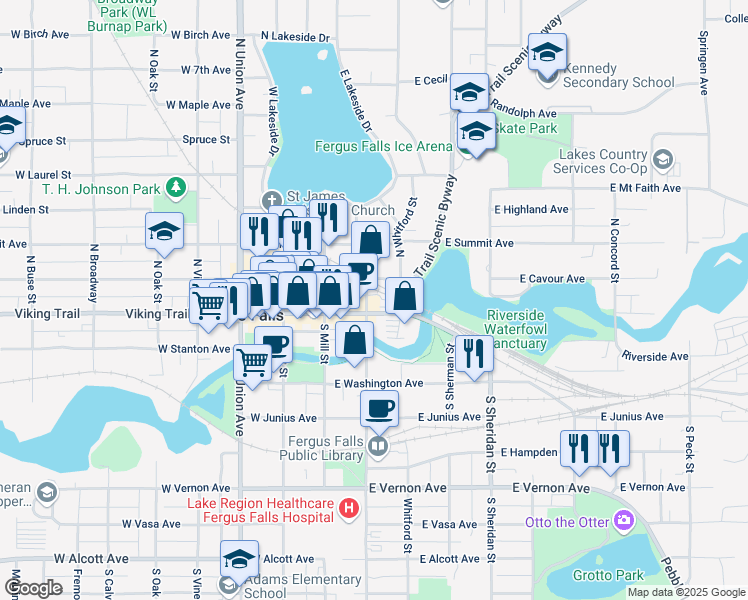 map of restaurants, bars, coffee shops, grocery stores, and more near 108 North Cascade Street in Fergus Falls