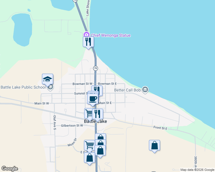 map of restaurants, bars, coffee shops, grocery stores, and more near 206 Washington Avenue South in Battle Lake