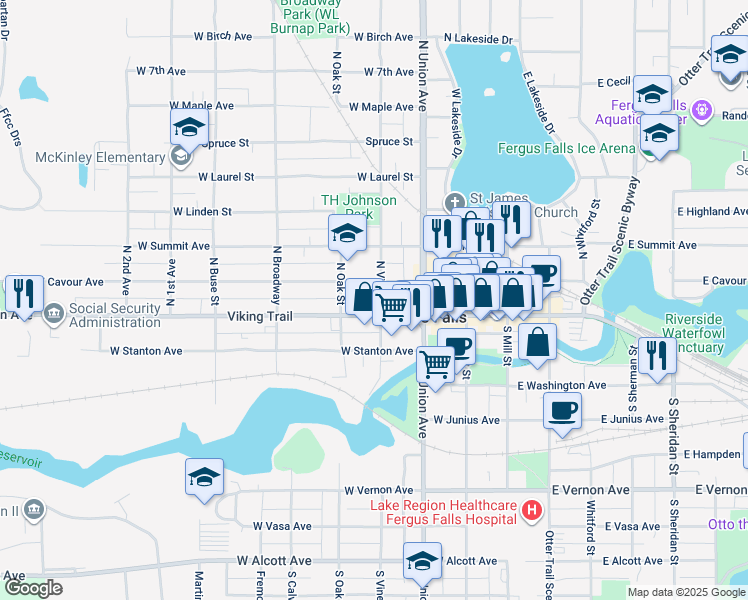 map of restaurants, bars, coffee shops, grocery stores, and more near 116 North Vine Street in Fergus Falls