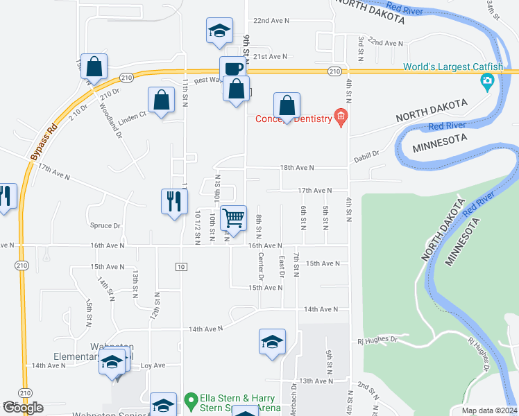 map of restaurants, bars, coffee shops, grocery stores, and more near 1624 8th Street North in Wahpeton