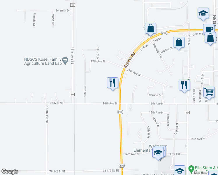 map of restaurants, bars, coffee shops, grocery stores, and more near Commerce Street in Wahpeton