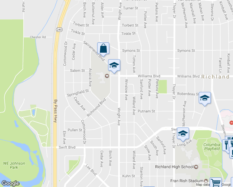 map of restaurants, bars, coffee shops, grocery stores, and more near 1201 Wright Avenue in Richland