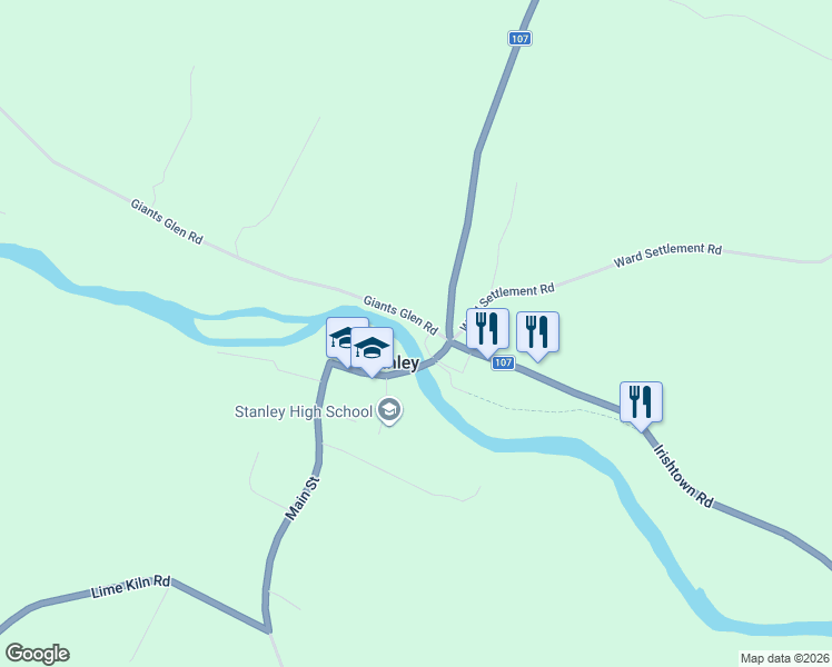 map of restaurants, bars, coffee shops, grocery stores, and more near 19 Giants Glen Road in Stanley