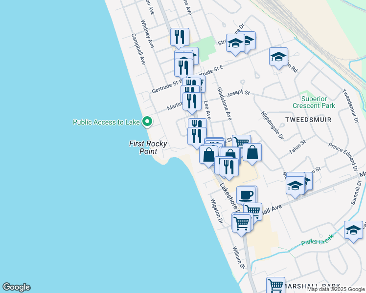 map of restaurants, bars, coffee shops, grocery stores, and more near 260 Parsons Avenue in North Bay