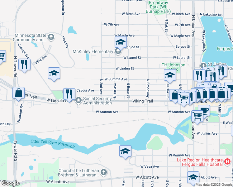 map of restaurants, bars, coffee shops, grocery stores, and more near 730 West Lincoln Avenue in Fergus Falls