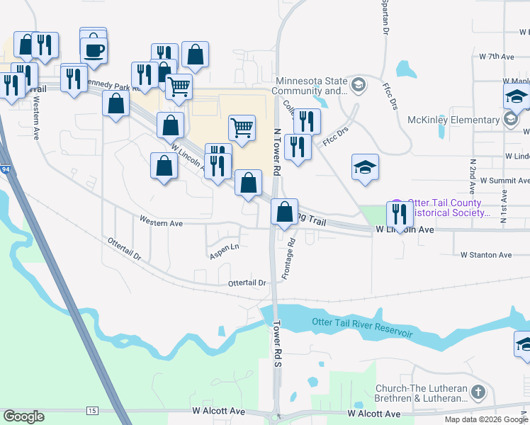 map of restaurants, bars, coffee shops, grocery stores, and more near 128 North Tower Road in Fergus Falls