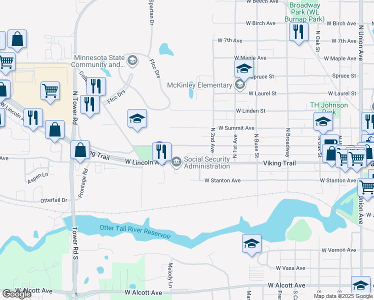 map of restaurants, bars, coffee shops, grocery stores, and more near 941 West Cavour Avenue in Fergus Falls