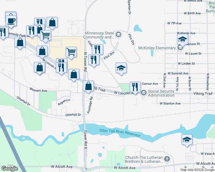 map of restaurants, bars, coffee shops, grocery stores, and more near 1380 West Lincoln Avenue in Fergus Falls