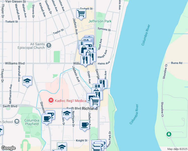 map of restaurants, bars, coffee shops, grocery stores, and more near 1207 George Washington Way in Richland