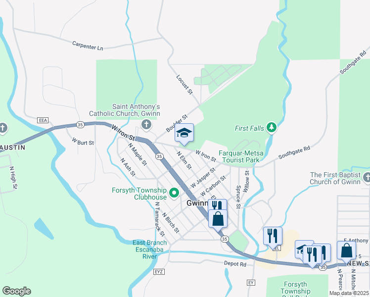 map of restaurants, bars, coffee shops, grocery stores, and more near 250 West Iron Street in Gwinn