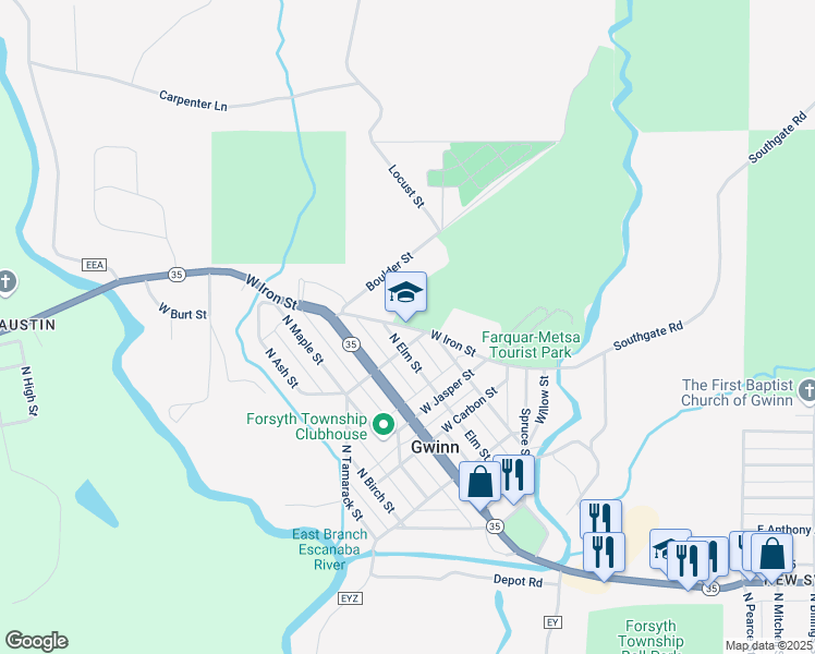 map of restaurants, bars, coffee shops, grocery stores, and more near 250 West Iron Street in Gwinn