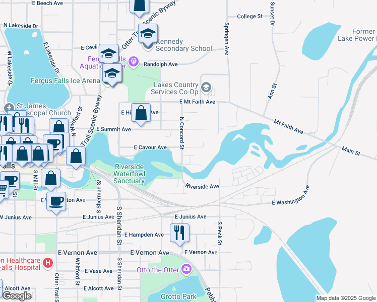 map of restaurants, bars, coffee shops, grocery stores, and more near 904 East Cavour Avenue in Fergus Falls