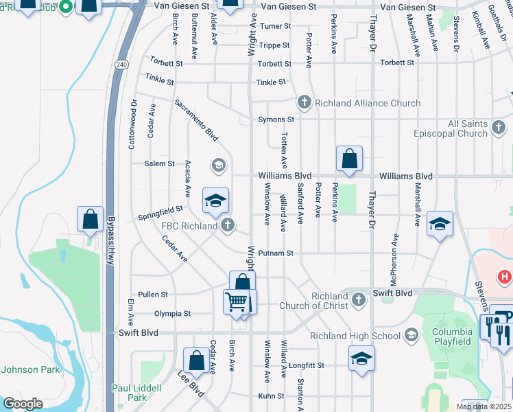 map of restaurants, bars, coffee shops, grocery stores, and more near 1204 Wright Avenue in Richland