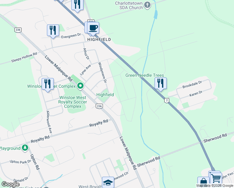 map of restaurants, bars, coffee shops, grocery stores, and more near 6 Judy Avenue in Charlottetown