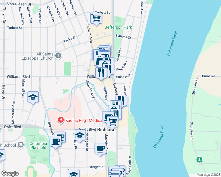 map of restaurants, bars, coffee shops, grocery stores, and more near 1207 George Washington Way in Richland