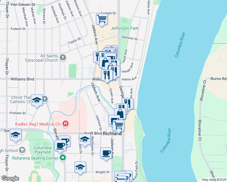 map of restaurants, bars, coffee shops, grocery stores, and more near 1257 Guyer St in Richland