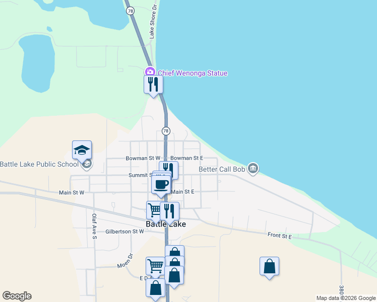 map of restaurants, bars, coffee shops, grocery stores, and more near 206 Washington Avenue South in Battle Lake