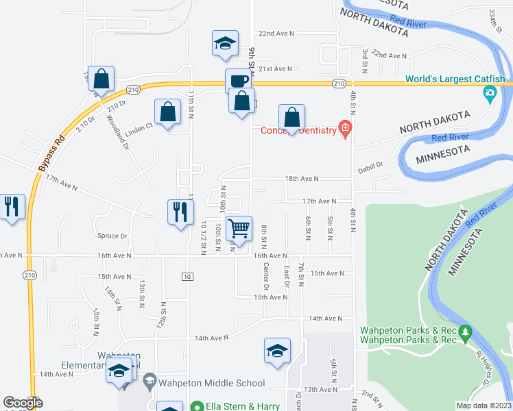 map of restaurants, bars, coffee shops, grocery stores, and more near 1676 9th Street North in Wahpeton