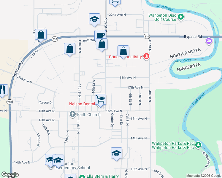 map of restaurants, bars, coffee shops, grocery stores, and more near 1652 8th Street North in Wahpeton