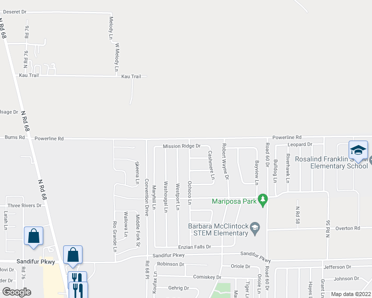 map of restaurants, bars, coffee shops, grocery stores, and more near 6308 Ochoco Lane in Pasco