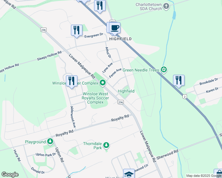 map of restaurants, bars, coffee shops, grocery stores, and more near 33 Longview Drive in Charlottetown
