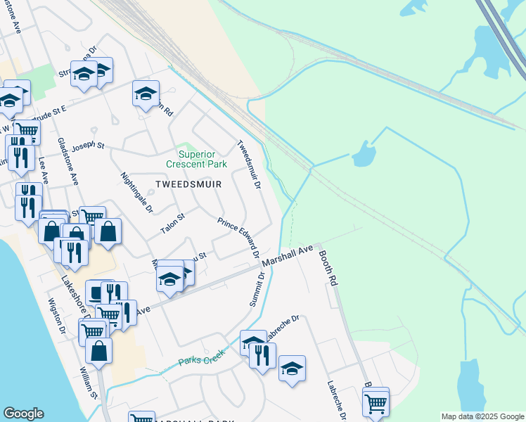 map of restaurants, bars, coffee shops, grocery stores, and more near 123 Tweedsmuir Drive in North Bay