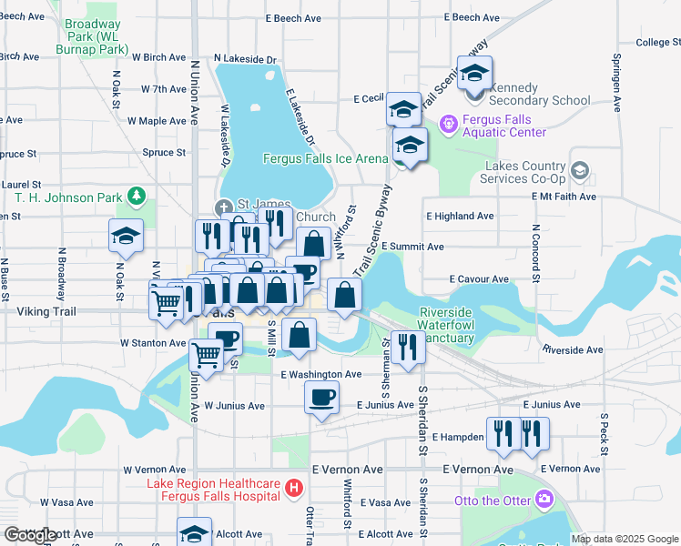 map of restaurants, bars, coffee shops, grocery stores, and more near 219 North Whitford Street in Fergus Falls